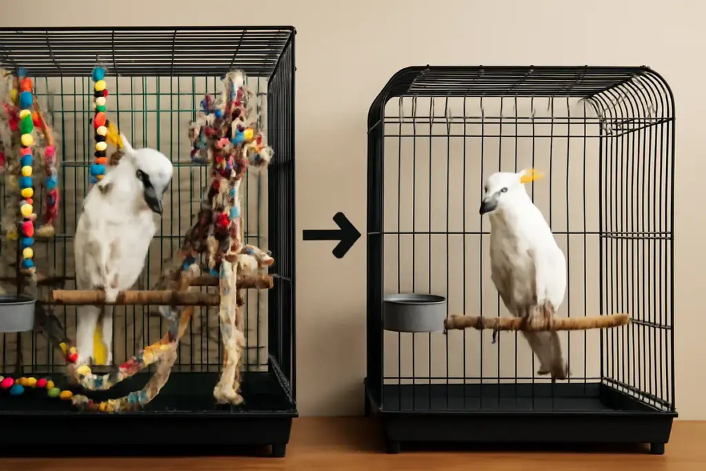Gabbia troppo accessoriata: perché può aumentare lo stress nei cacatua e il modo corretto per semplificarla